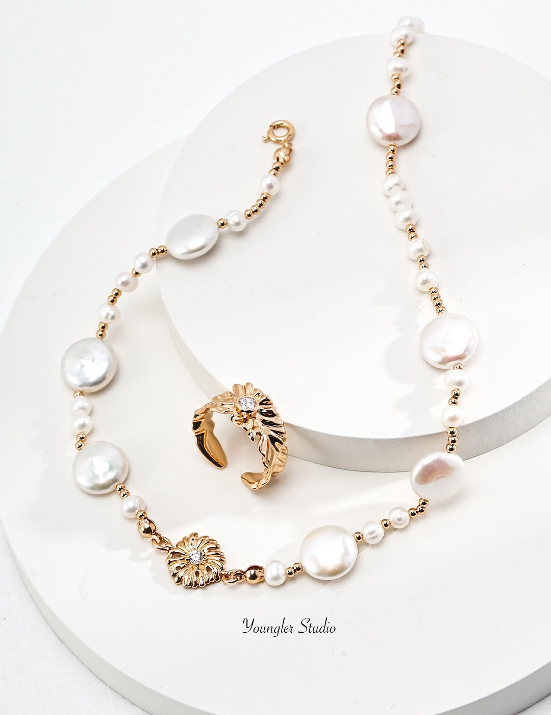 Engraved Floral Pearl Strand