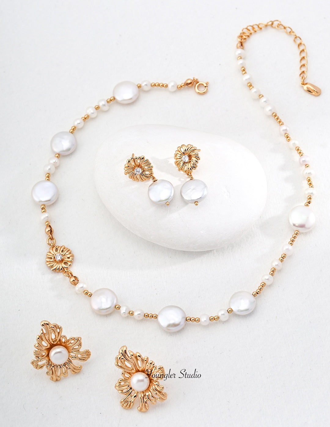Engraved Floral Pearl Strand