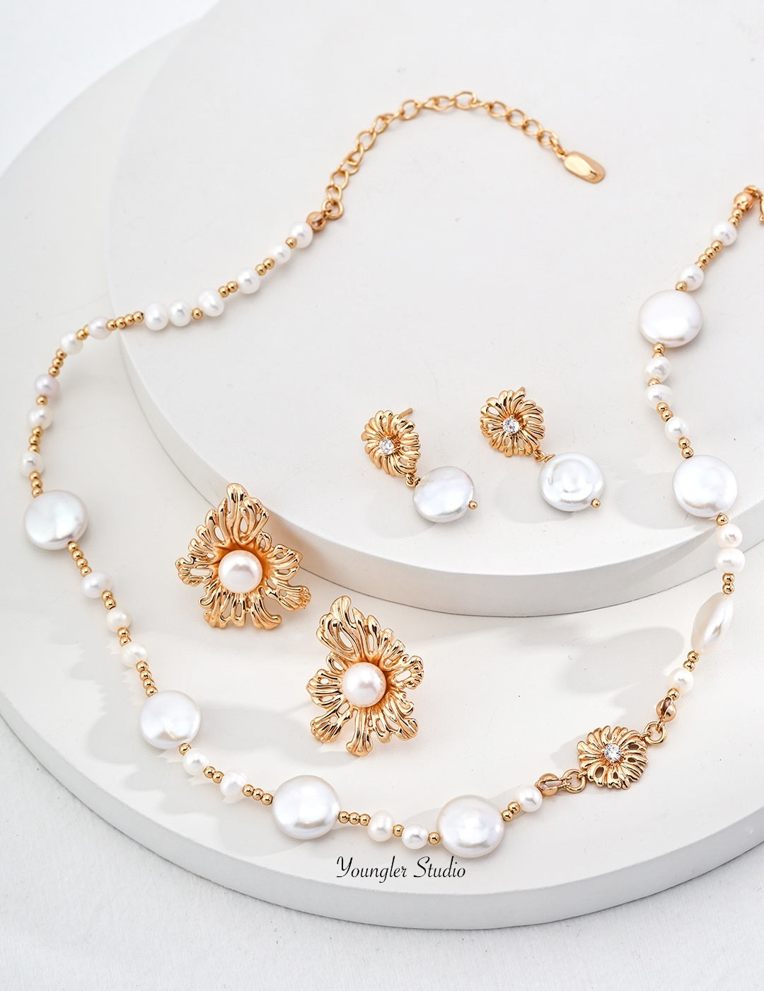 Engraved Floral Pearl Strand