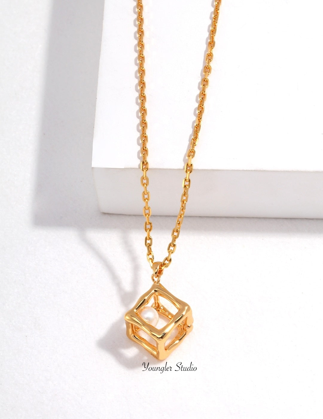 Geometric Pearl Cube Necklace