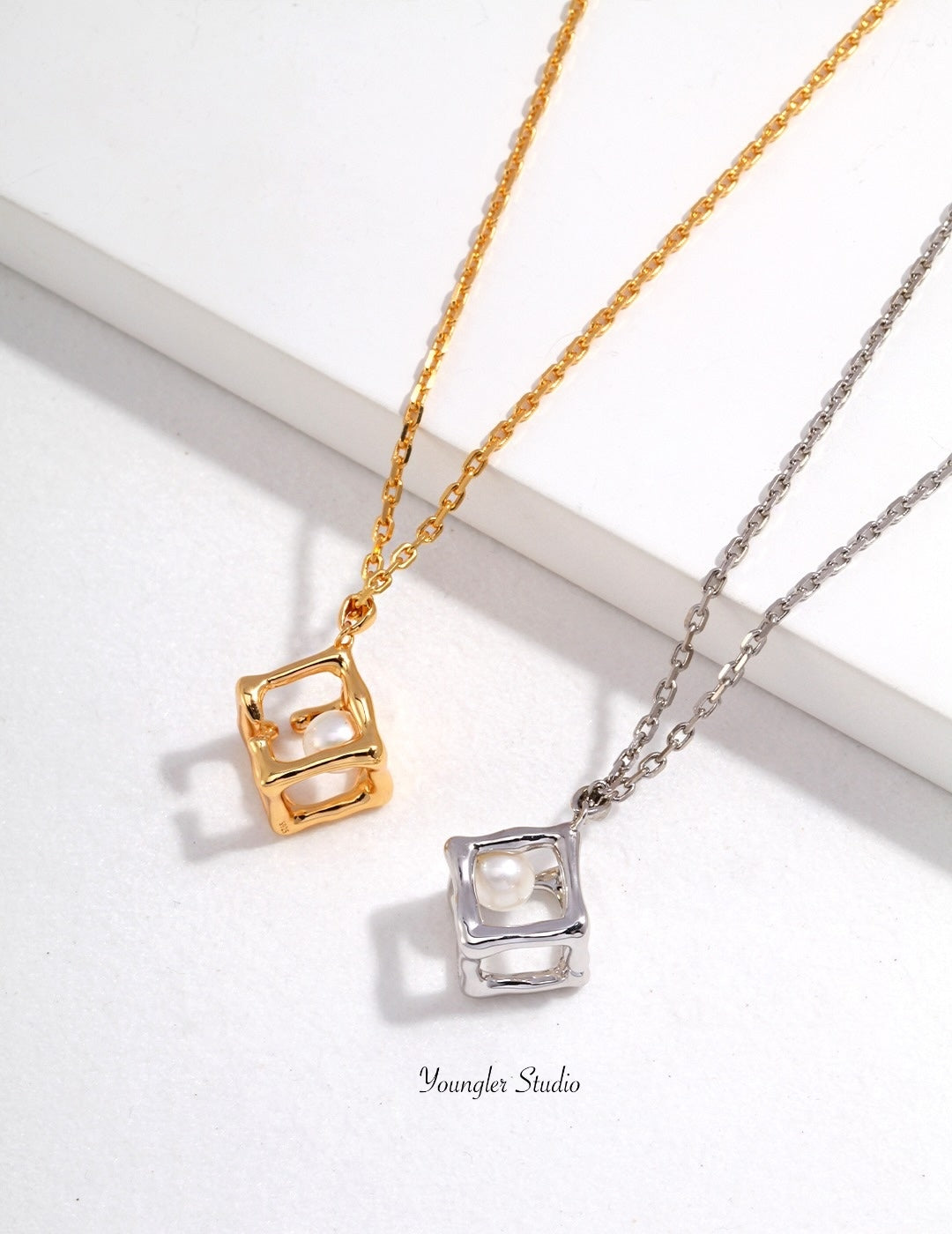 Geometric Pearl Cube Necklace